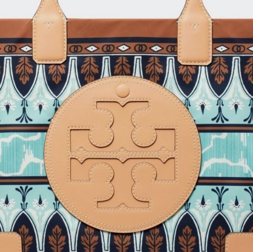 LIKE NEW Tory Burch Large Ella Tote - Tan Trim w/Aqua, Navy, Brown Pattern - Picture 4 of 15